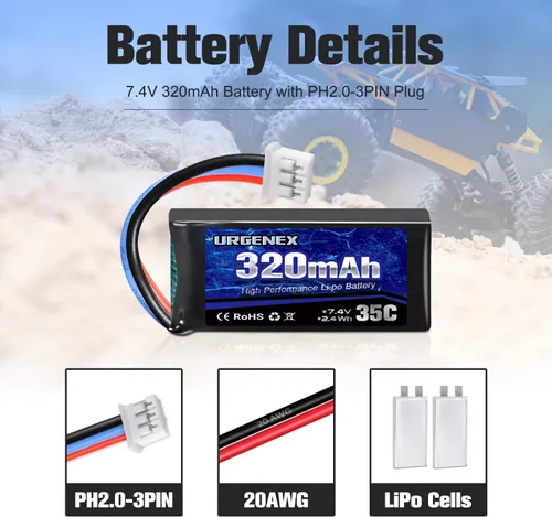 Vista 3 de 7.4V Lipo Batería 2S 35C 320mAh Batería Lipo Recargable con PH2.0 3PIN Plug Compatible con UMX 2S Avión