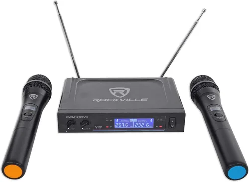 Vista 3 de Rockville RWM1203VH Sistema de micrófonos inalámbricos de mano dual, 2 micrófonos, VHF de largo alcance, sonido claro, pantalla digital