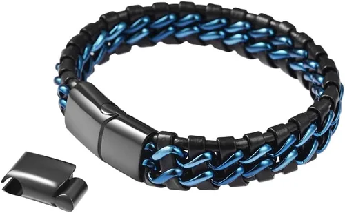 Vista 3 de Pulsera trenzada de cadena de acero con eslabones de cuero genuino para hombre
