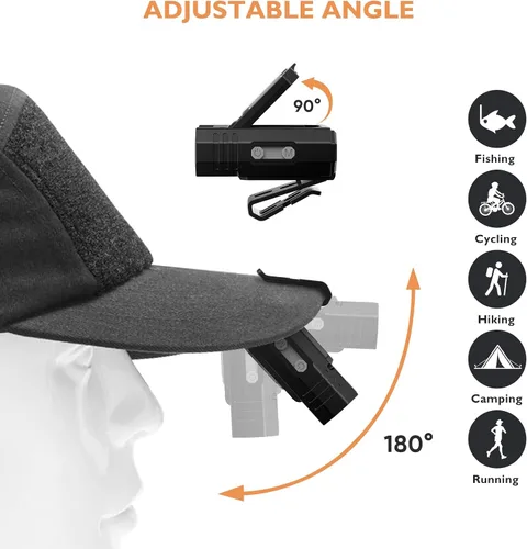 Vista 5 de Luz LED con clip para sombrero de 400 lúmenes, recargable con sensor de movimiento, 180° ajustable, manos libres, linterna frontal para camping