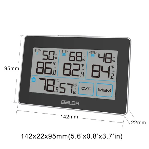Vista 3 de BALDR Estación meteorológica para interiores y exteriores, termómetro inalámbrico, pantalla táctil, estación meteorológica LCD con 3 sensores