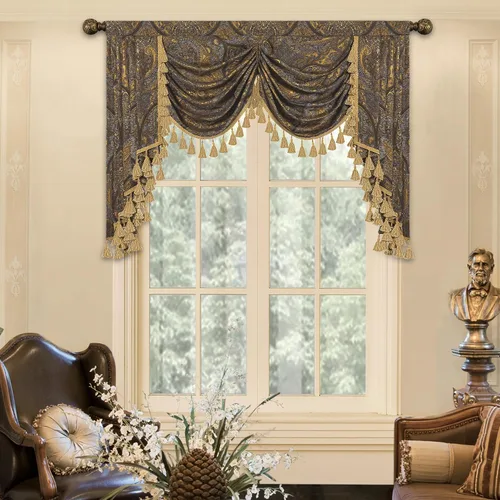 Vista 45 de Loom and Mill Cenefa de cascada de lujo de jacquard para sala de estar, elegantes cenefas de ventana con festones y cuentas damascadas, cortinas