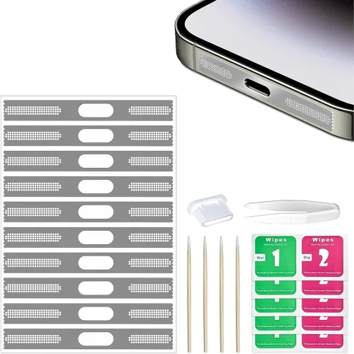 Vista 8 de 10 calcomanías a prueba de polvo para altavoz de iPhone, cubiertas adhesivas de malla antipolvo para iPhone 15/15 Plus/15 Pro/15 Pro Max, protector