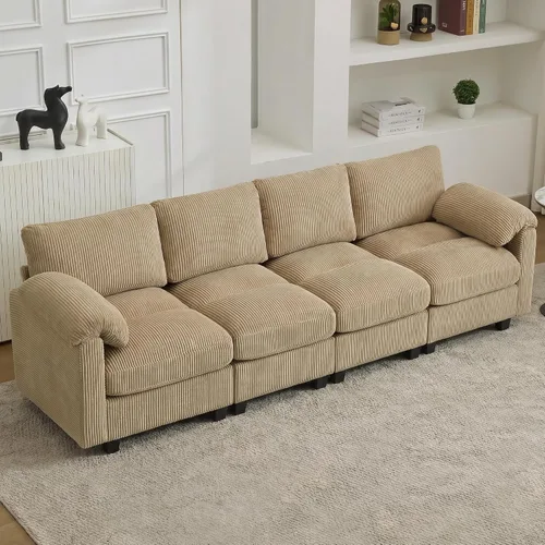 Vista 10 de Sofá modular de 61 pulgadas con otomana, asiento extra profundo para sala de estar, sofá de asiento profundo de pana con almohadas para Beige