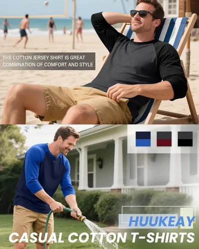 Vista 4 de Huukeay - Paquete de 3 camisas para hombre de 3/4 de manga, cuello redondo, camisetas de béisbol, camisetas atléticas que absorben la humedad
