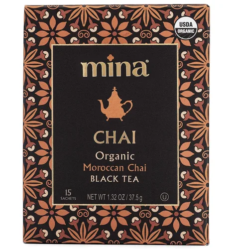 Vista 2 de Mina Chai marroquí, bolsas de té negro orgánico, té Chai orgánico con canela, anís estrella de jengibre, clavo y cardamomo, Chai Latte caliente