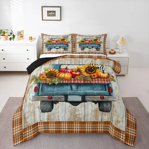Vista 20 de Juego de edredón de calabaza de otoño, tamaño individual, juego de ropa de cama de hojas de arce para niños y niñas, cosecha de otoño, fruta