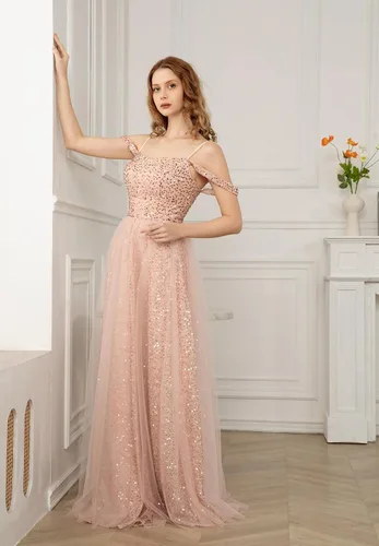 Vista 4 de Yexinbridal Vestidos de fiesta de lentejuelas con hombros descubiertos, vestido largo de tul con purpurina, vestido de fiesta de boda formal