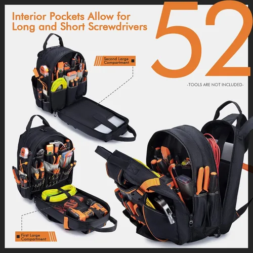 Vista 2 de Mochila de herramientas resistente con 52 bolsillos, bolsa de herramientas para hombres, bolsas impermeables para electricista con compartimento