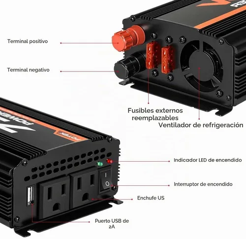 Vista 3 de POTEK - Inversor de corriente de 750W para coche, DC 12V a AC 110V, con puertos de carga de AC duales y puertos USB de 2A para portátil, teléfono