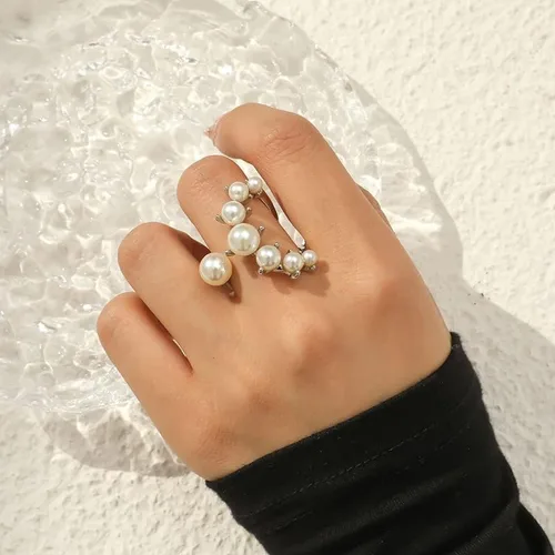 Vista 2 de Anillos de perlas vintage Anillos de perlas ajustables abiertos de dedo completo para mujer