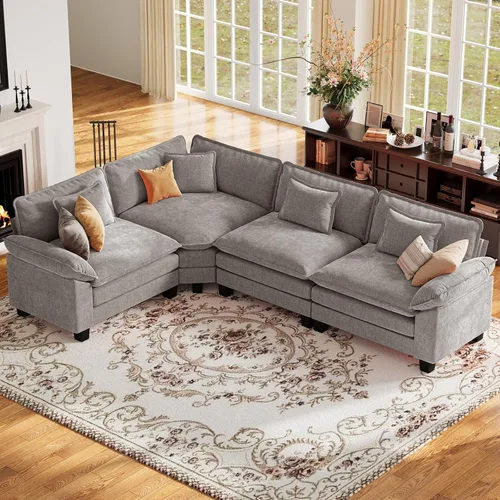 Vista 90 de Sofá modular de gran tamaño de 154 pulgadas, cómodo sofá en forma de U con 3 otomanas móviles, sofá moderno de felpilla de 7 plazas para sala