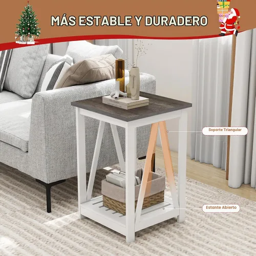 Vista 3 de Mesa auxiliar cuadrada de granja, mesa auxiliar con diseño de listones, mesa auxiliar de sofá con marco resistente para sala de estar, gris oscuro