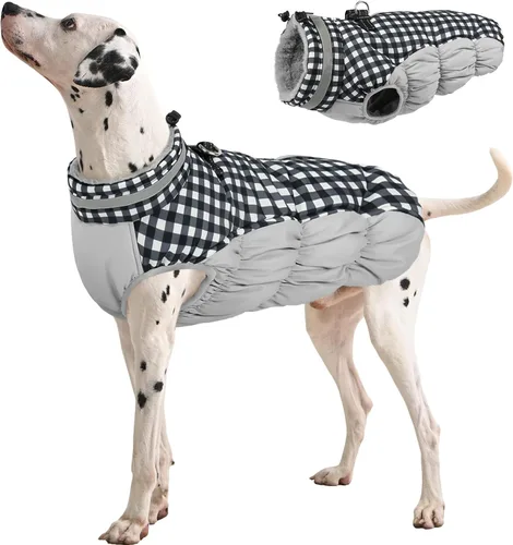 Vista 33 de Abrigo para perro, chaqueta cálida de invierno, acolchada, de vellón, chaleco reflectante con arnés, chaqueta de nieve impermeable con cremallera, a
