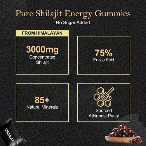Vista 3 de Gomitas Shilajit para hombres y mujeres, gomitas naturales de Shilajit del Himalaya ricas en Ashwagandha, Gokshura con más de 85 minerales, sin OMG