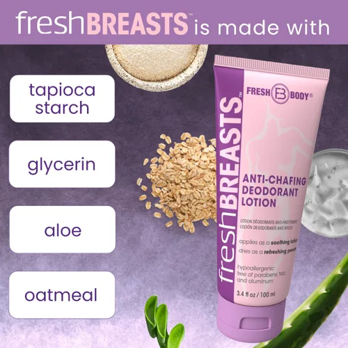 Vista 4 de Fresh Body FB Fresh Breasts - Loción desodorante antirozaduras en polvo, 3.4 onzas, desodorante de cuerpo entero para mujeres, muslos interiores