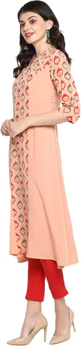 Vista 4 de Janasya Indian Peach Poly Crepe Kurta