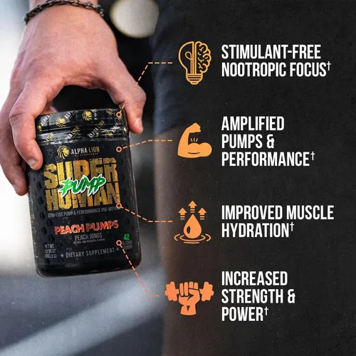 Vista 2 de ALPHA LION Superhuman Pump Polvo para antes de entrenar, suplemento de preentrenamiento sin cafeína ni estimulantes nootrópicos, potenciador