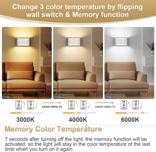Vista 3 de TRLIFE Apliques de pared regulables, 3000K/4000K/6000K seleccionables, apliques de pared modernos de 12W LED de aluminio, juego de 2 luces de pared