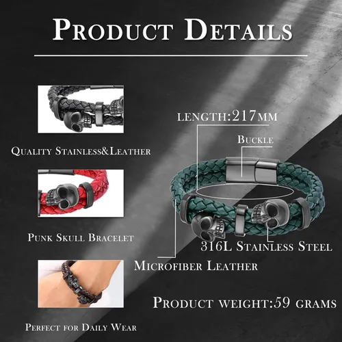 Vista 6 de Pulsera de Cuero de Doble Fila con Calavera para Hombre, Pulsera Trenzada con Calavera Negra o Plateada para Hombre, Joyería Punk Masculina