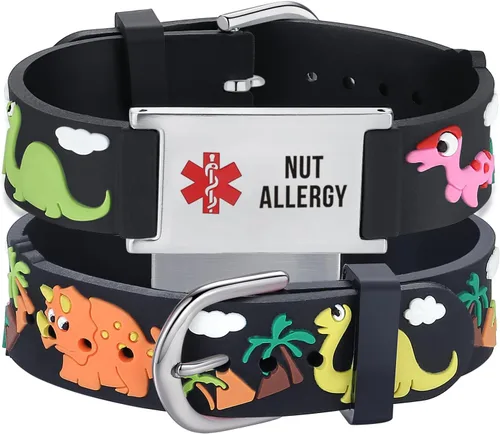 Vista 25 de LinnaLove Medical Alert ID Bracelet – Custom or Pre-Engraved, QR Code Available,Blue Dinosaur Band