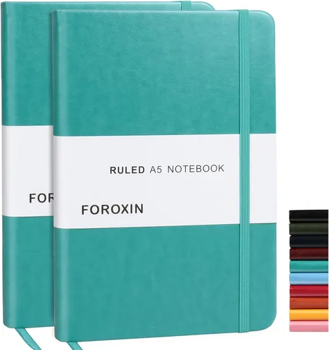 Vista 11 de Cuaderno rayado de tapa dura, tamaño A5, con forro de 8.3 x 5.7 pulgadas, papel grueso premium de 80 gsm (100 hojas/200 páginas). Tapa dura de piel