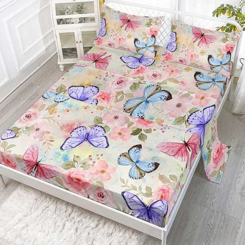 Vista 17 de Juego de sábanas de 4 piezas ajustadas y planas para niñas, estampado de mariposas y flores rosas con 1 + 2 fundas de almohada para cama individual