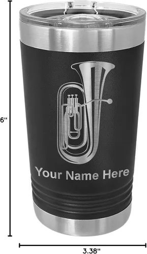 Vista 5 de LaserGram Vaso de pinta aislado al vacío de 16 onzas, tuba, grabado personalizado incluido (negro) Engraved Gift for Tuba Players, Vacuum