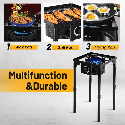Vista 5 de Estufa de Camping al Aire Libre FSUON, 130000 BTU, Quemador de Alta Presión Individual, Cocina de Gas Propano con Patas Desmontables, Regulador