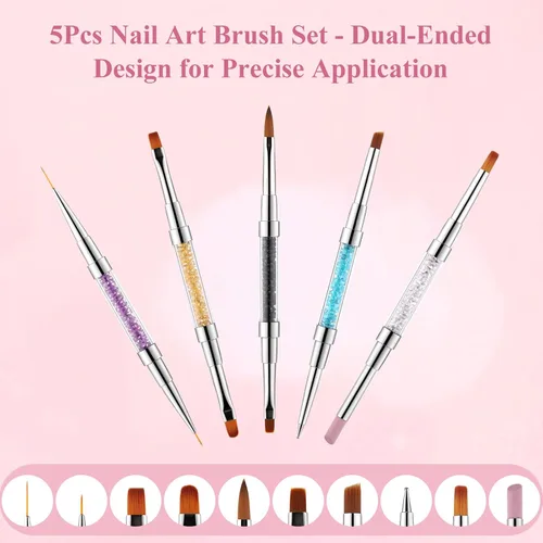 Vista 5 de Juego de 5 pinceles para arte de uñas de doble extremo, mango de diamantes de imitación de cristal, kit de pinceles de uñas 2 en 1 para esmalte