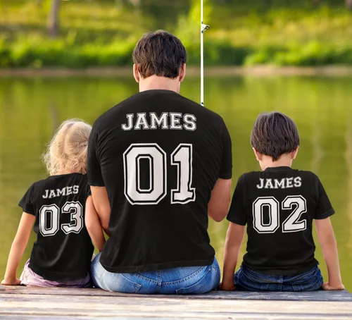 Vista 2 de Camisas personalizadas a juego para papá y niños, camisetas personalizadas con nombre de padre e hijo, trajes familiares hechos a mano, camisas a