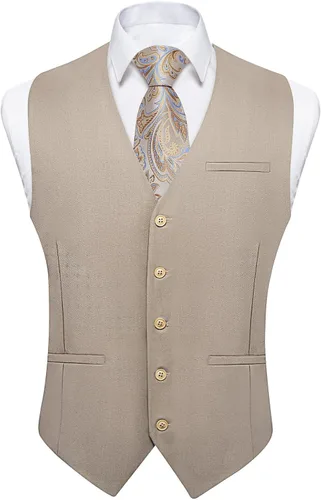 Vista 4 de DiBanGu Chaleco de traje para hombre Vestido formal de negocios Light Khaki
