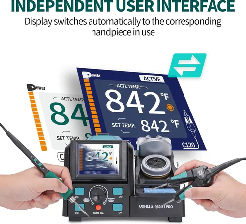 Vista 2 de YIHUA 982D-I PRO Estación de soldadura de pinzas calientes de precisión 2 en 1 con microsoldador con 10 cartuchos de punta, interfaces de operación