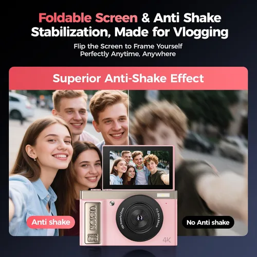 Vista 3 de Cámara digital 4K rosa para niñas adolescentes: cámara de videoblogs de 64 megapíxeles con pantalla giratoria - zoom 16X - cámara compacta linda
