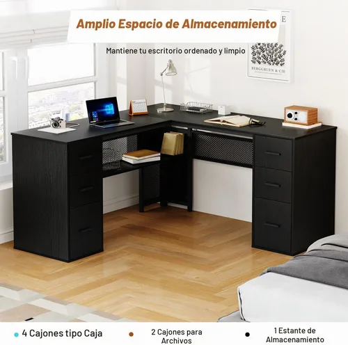 Vista 5 de HSH Escritorio negro en forma de L con cajones, escritorio de esquina con Roble negro