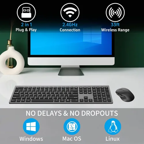 Vista 3 de Combo de teclado y mouse inalámbricos, teclado silencioso de computadora de tamaño completo con botón de calculadora, mouse ergonómico de 2400 DPI