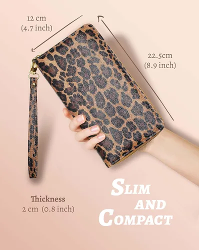 Vista 3 de Yarnic Cartera de leopardo para mujer con tarjetero de crédito, bolsillos para dinero, correa de pulsera, carteras con clip para monedas, monedero