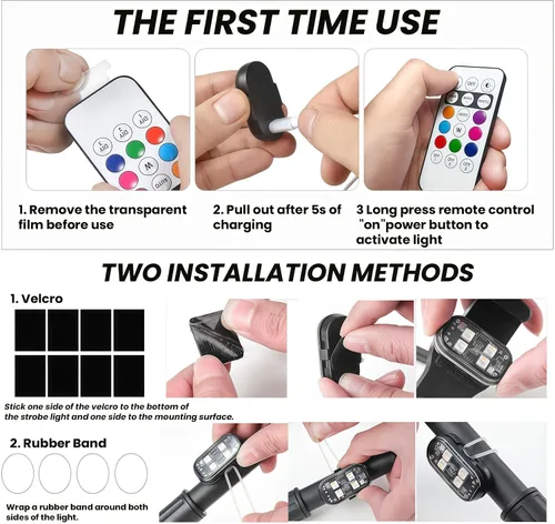 Vista 7 de 8 luces estroboscópicas LED inalámbricas con control remoto, RGB 8 colores multifunción, carga USB, impermeable, anticolisión, advertencia trasera
