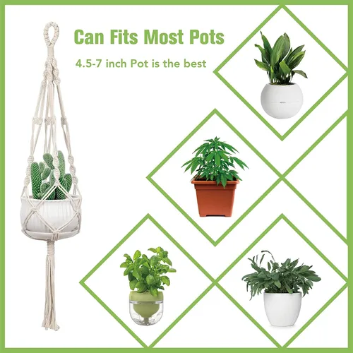Vista 7 de Paquete de 4 macetas colgantes de macramé, hechas a mano con cuerda de algodón para interiores y exteriores con borlas, 4 estilos para colgar