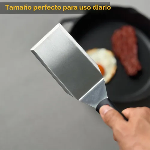 Vista 7 de Espátula de metal profesional para sartenes de hierro fundido y parrillas de parte superior plana, mango de silicona de espiga completa, hoja