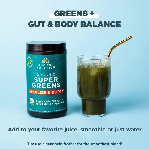Vista 5 de Ancient Nutrition Supergreens Alkalize & Detox - Polvo de superalimento orgánico hecho de frutas reales, verduras y hierbas, para apoyo digestivo