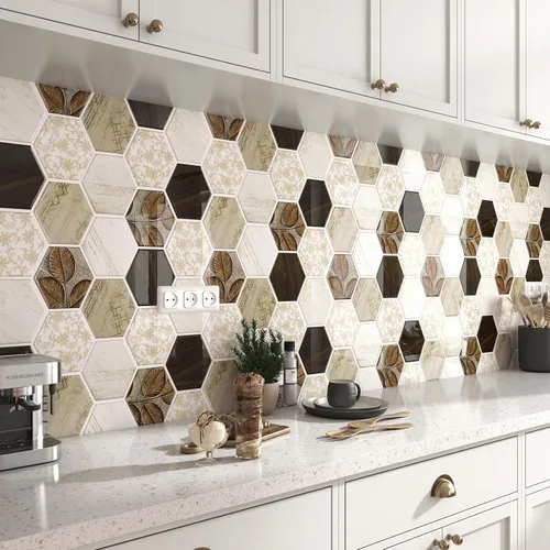 Vista 7 de FunStick 15 hojas de azulejos hexagonales para cocina, baño, azulejos de pared de 12 x 12 pulgadas, de madera bohemia, aptos para inquilinos