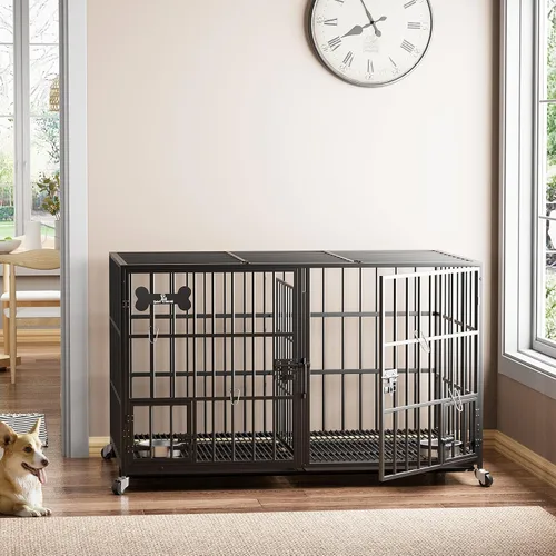 Vista 8 de Jaula XL de 54 pulgadas para perros grandes/perros medianos dobles, jaula de metal resistente para perros, toda metálica con parte superior abierta