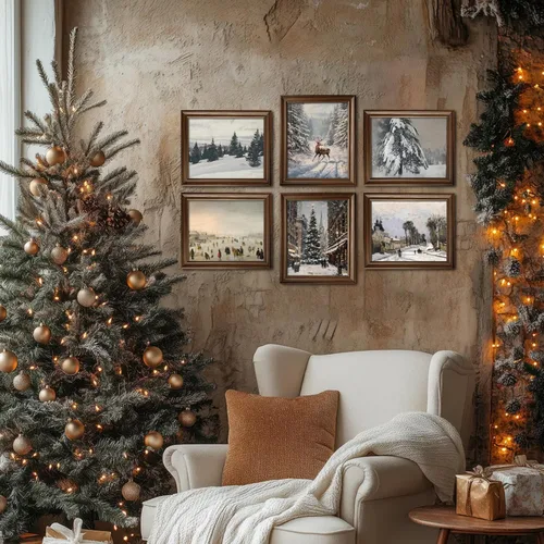 Vista 3 de Hwetui Juego de 6 Pósteres de Arte de Pared de Lienzo Navideño Vintage, Cuadros de Reno y Árbol Invernal Decoración de Pared, Pinturas de Paisajes