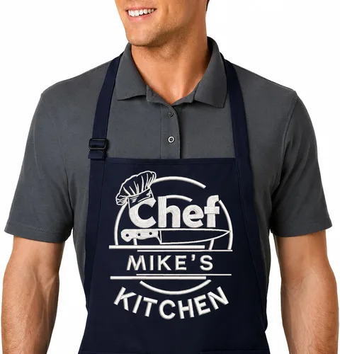 Vista 12 de Delantal bordado personalizado con nombre personalizado. Delantal de calidad profesional para hombres y mujeres. Diseño de cocina