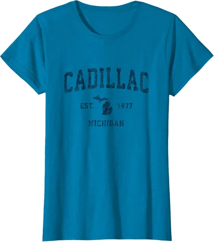 Vista 32 de Cadillac Michigan MI Vintage Sports Design Navy Print Camiseta