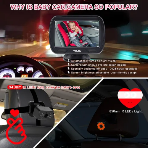 Vista 4 de YIMU HD720P Cámara de coche de bebé para asiento trasero, reposacabezas de automóvil, monitor de instalación rápida, visión nocturna, cámara