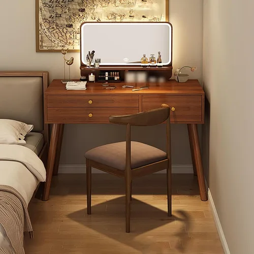 Vista 8 de Tocador con espejo de luces, escritorio de maquillaje de madera con taburete acolchado, moderno escritorio de tocador para dormitorio con taburete
