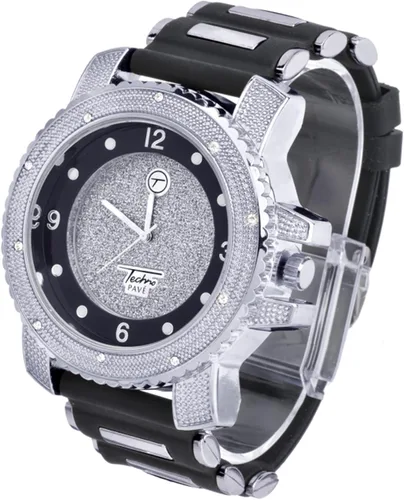 Vista 2 de XL Heavy Iced Bling Rapper Hip Hop Techno Pave Relojes de goma 7758 SBBK, Moderno