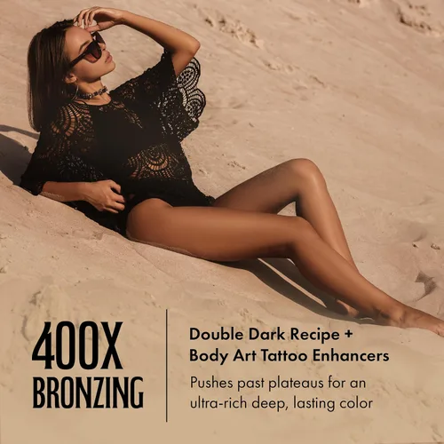 Vista 3 de Brown Sugar Loción bronceadora sumergida en la oscuridad, bronceador doble oscuro 400X con ácido hialurónico, colágeno y potenciadores de tatuajes